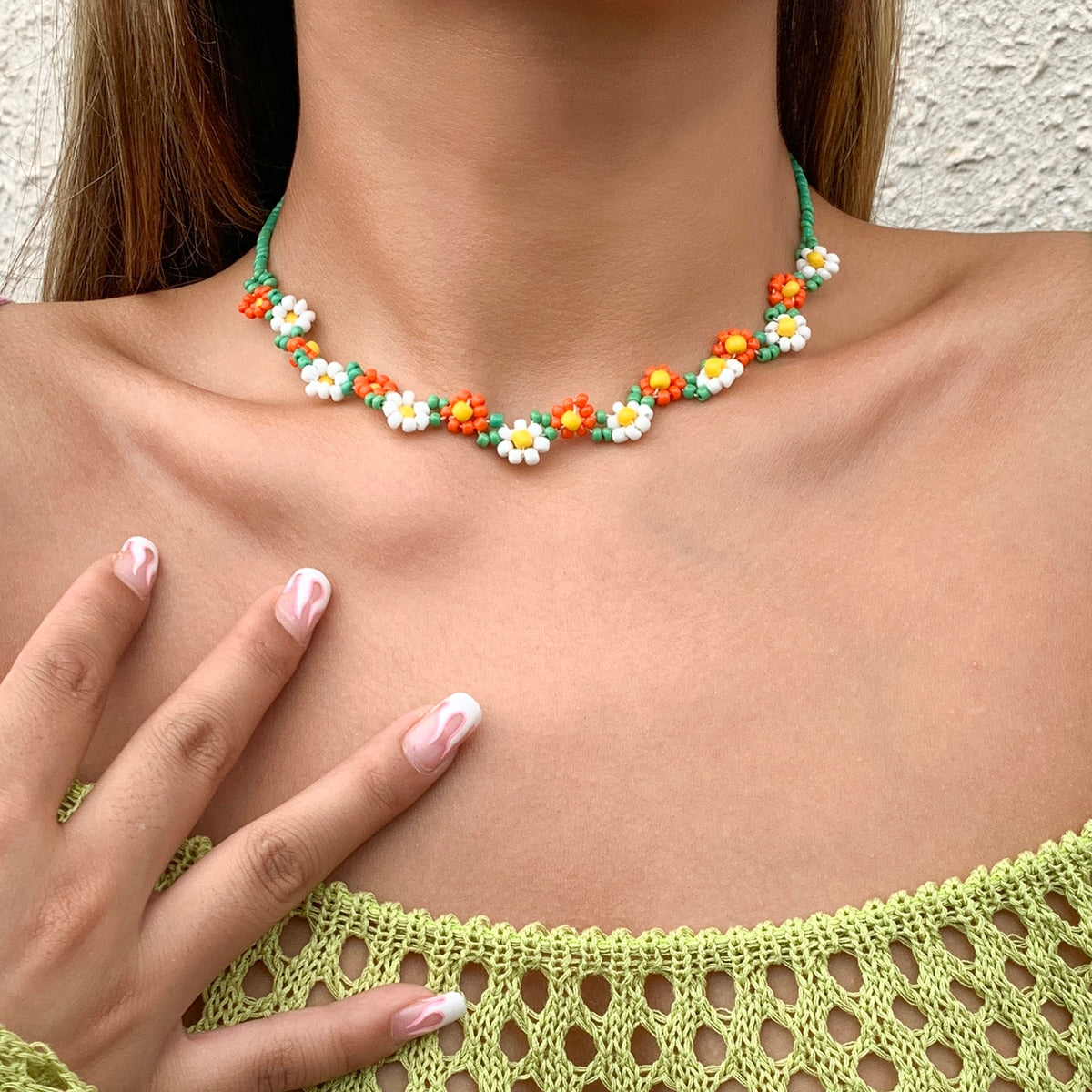 Hippie necklace with a colorful rainbow floral charm