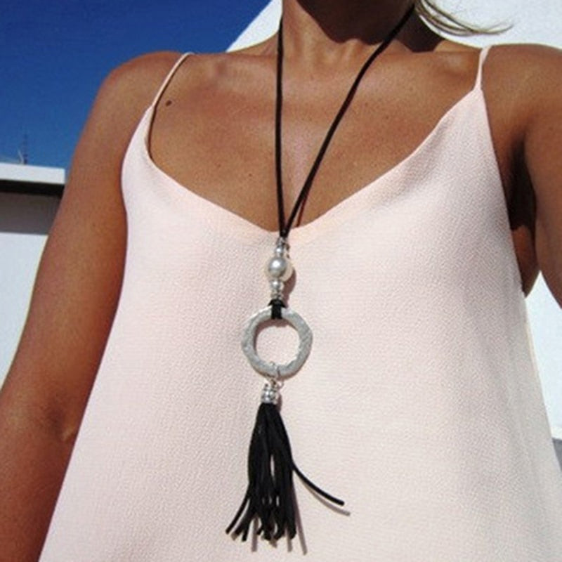 Long Hippie Necklace – Leather & Steel, 31 in