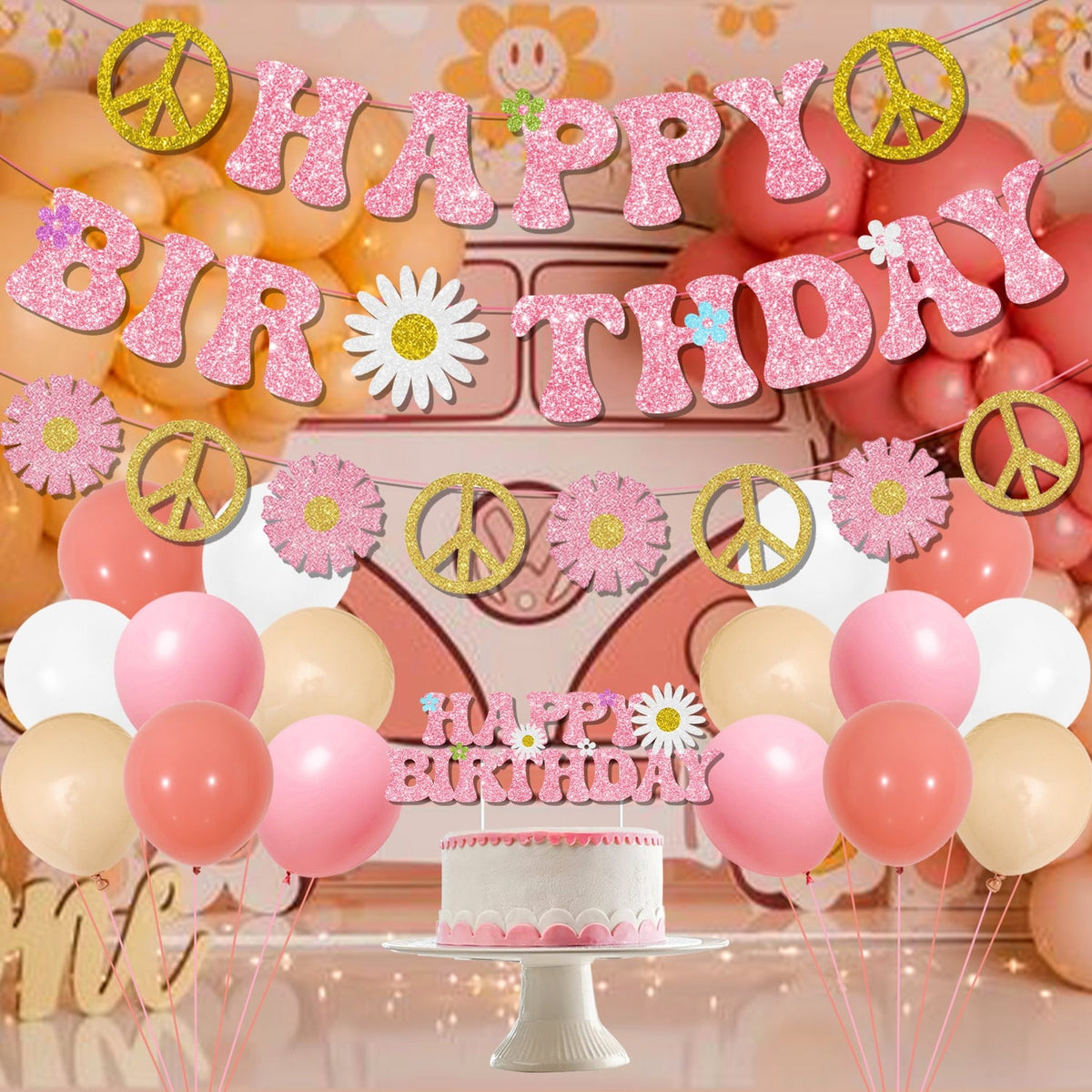 Kit de décoration d’anniversaire hippie complet, guirlandes, cake topper et ballons