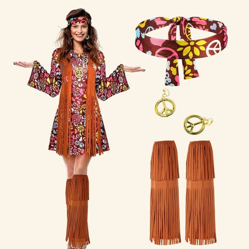 Brown fringe vest embroidered with a peace sign and floral headband