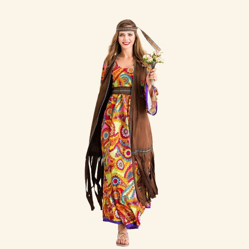 Disfraz hippie chic de mujer con diadema boho y chaleco de flecos