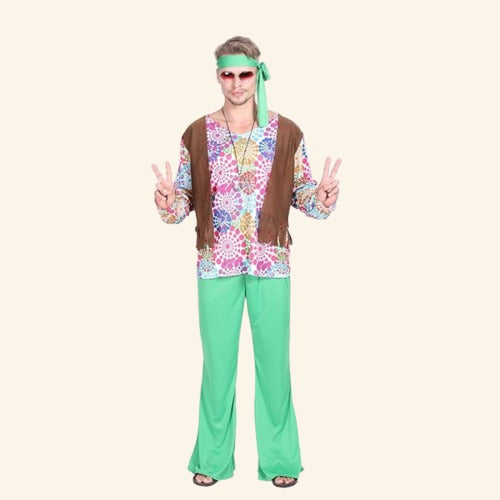 Herre hippie kostume med blomstret tunika, vest og pandebånd