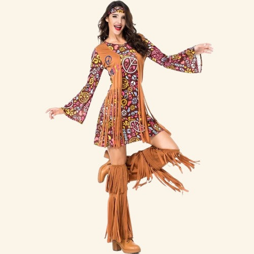 Handmade hippie costume dress with fringe and peace symbols