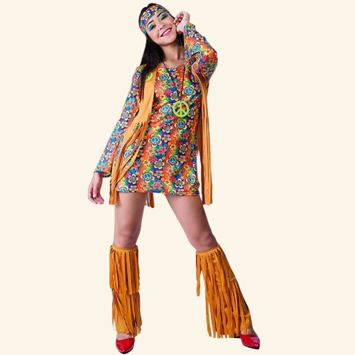 Women's hippie costume with floral dress and peace necklace