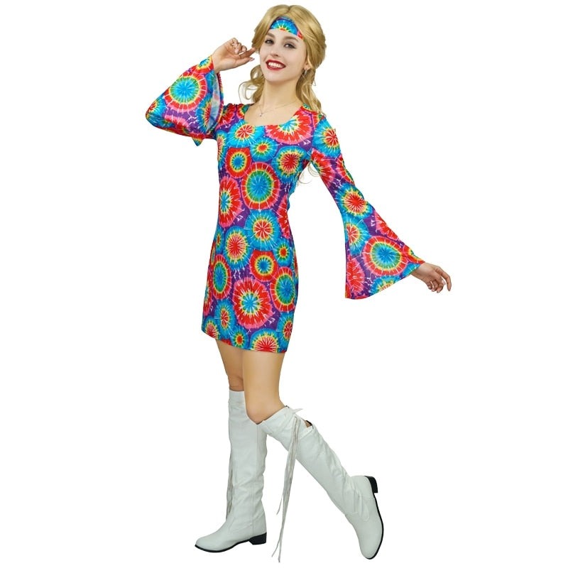 Womens Tie-Dye Hippie Costume with Headband