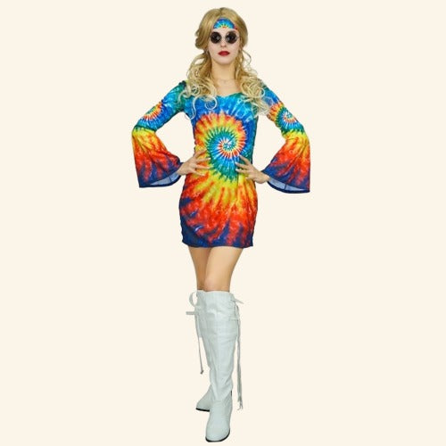 Flower-Power-Hippie-Kostümkleid für Damen in gewirbelter Batik