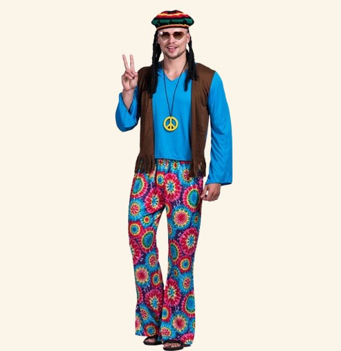 Men's hippie costume with peace necklace and dreadlock beanie
