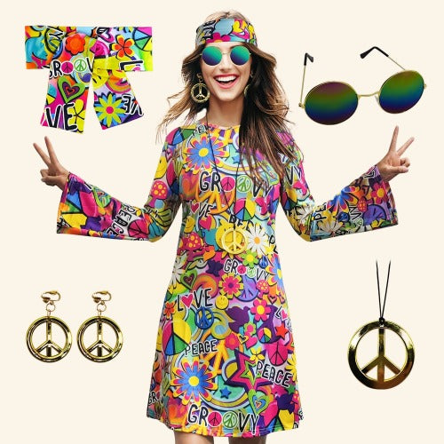 Groovy print hippie dress with headband, round sunglasses and earrings