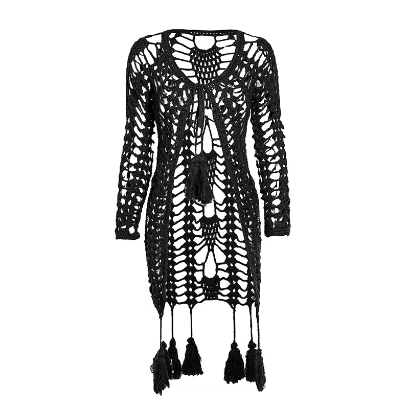 Chaleco de punto negro bordado con textura boho gruesa