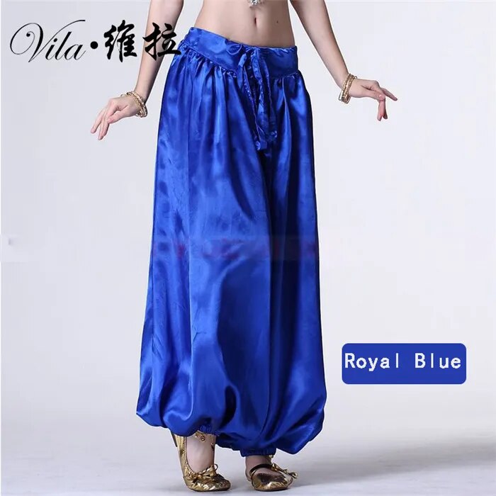 Satin harem pants seen in a second styling view