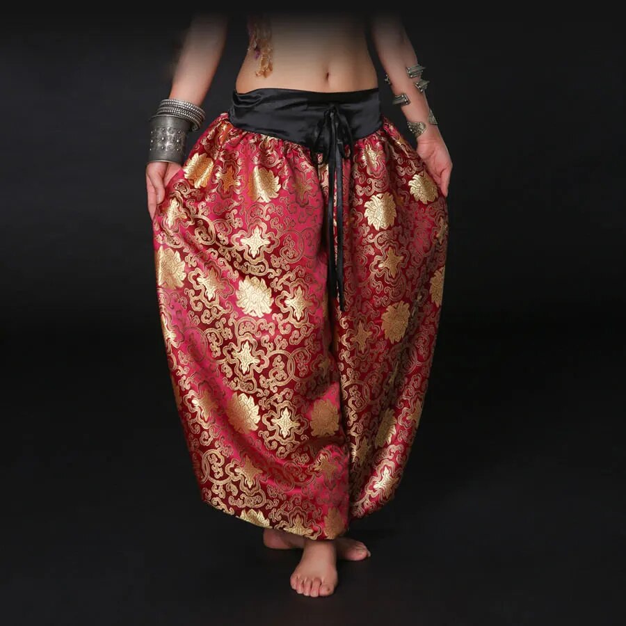 Harem pants shown with their adjustable belt and pockets