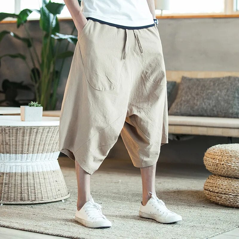Closer view of the cropped harem pants fabric and drape
