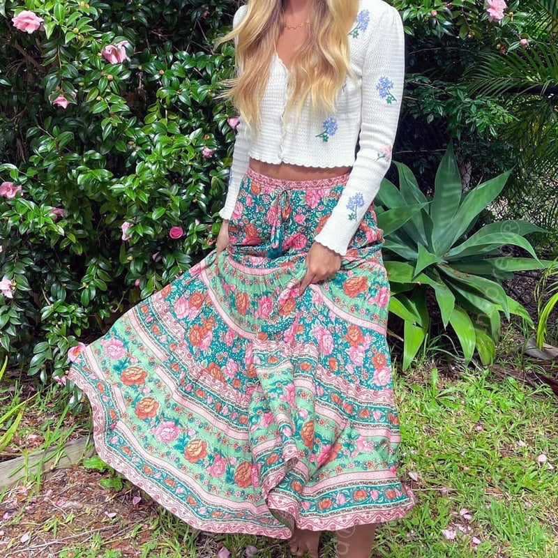 Boho Nederdel – 70'er Retro Blomsterprint