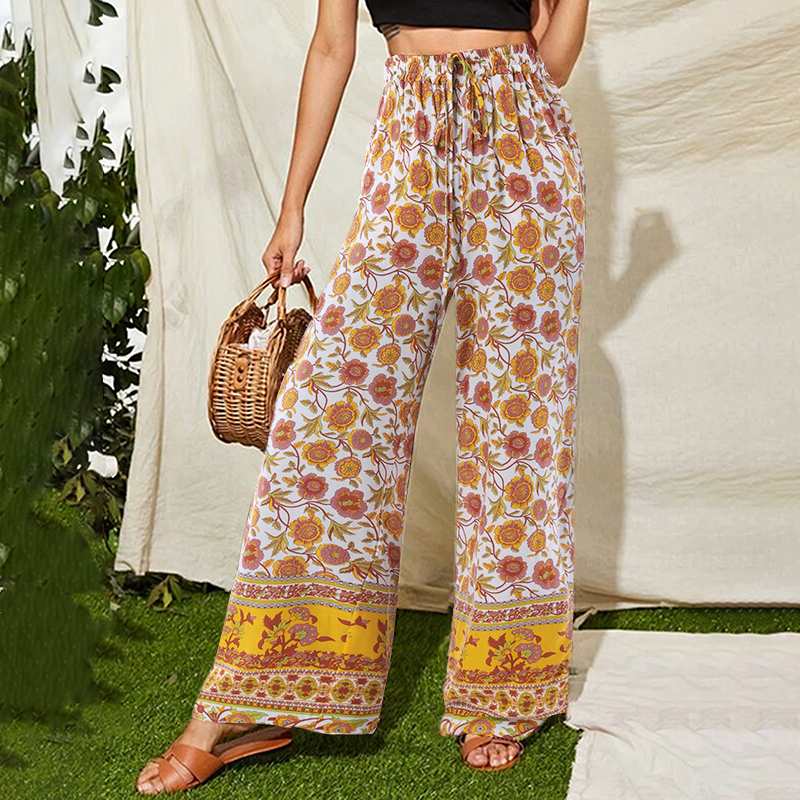 African print wide leg boho pants in satiny cotton