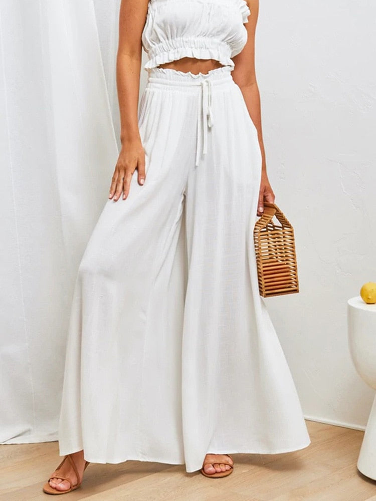 White Wide Leg Boho Pants, Hippie Style