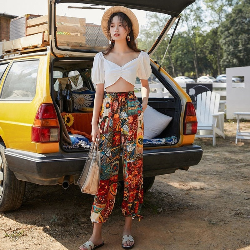 Puffy wide leg boho pants cropped at seven-eighths length