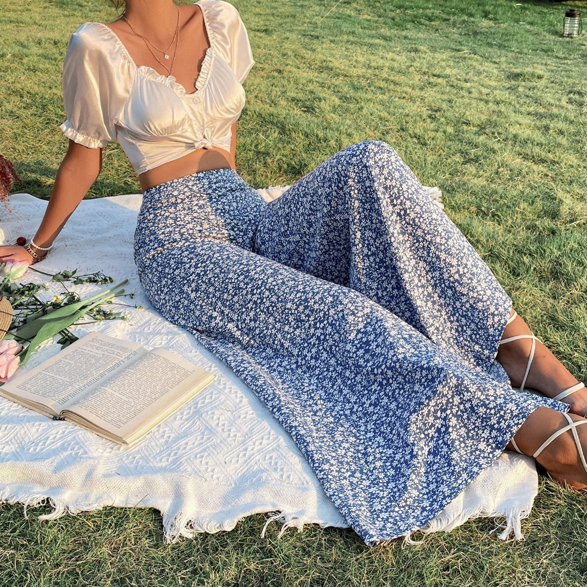 Suoralahkeiset boho-housut – puuvilla