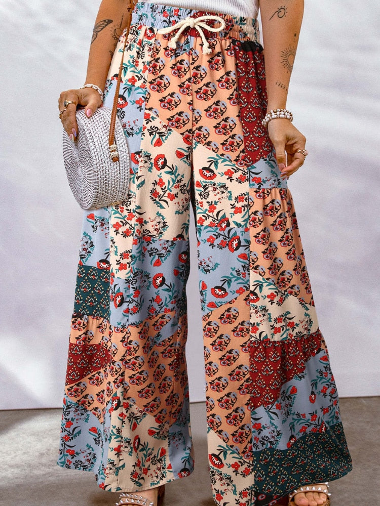Colorful wide leg boho pants with elastic waist