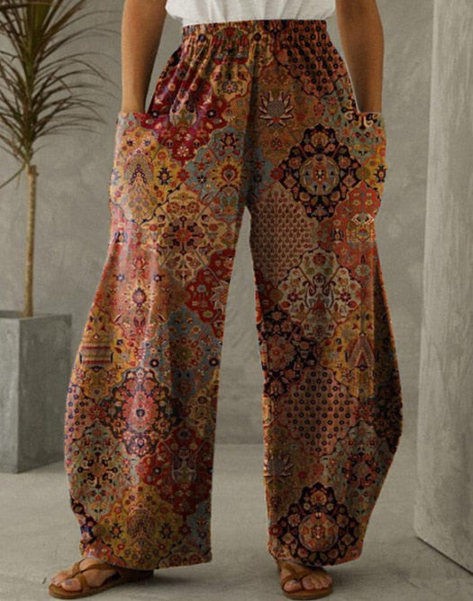Wide leg hippie pants with a geometric retro print