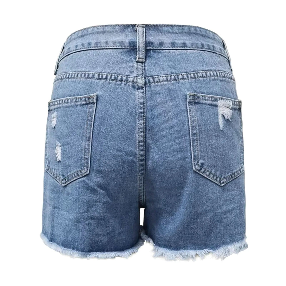Destroyed-Denim Shorts von hinten, ausgefranster Saum und Taschen