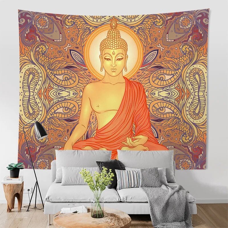 Käsintehty Buddha-seinävaate ripustettuna henkiseksi seinäkoristeeksi