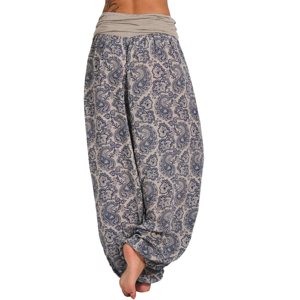 Close-up of gray harem pants fabric and drape