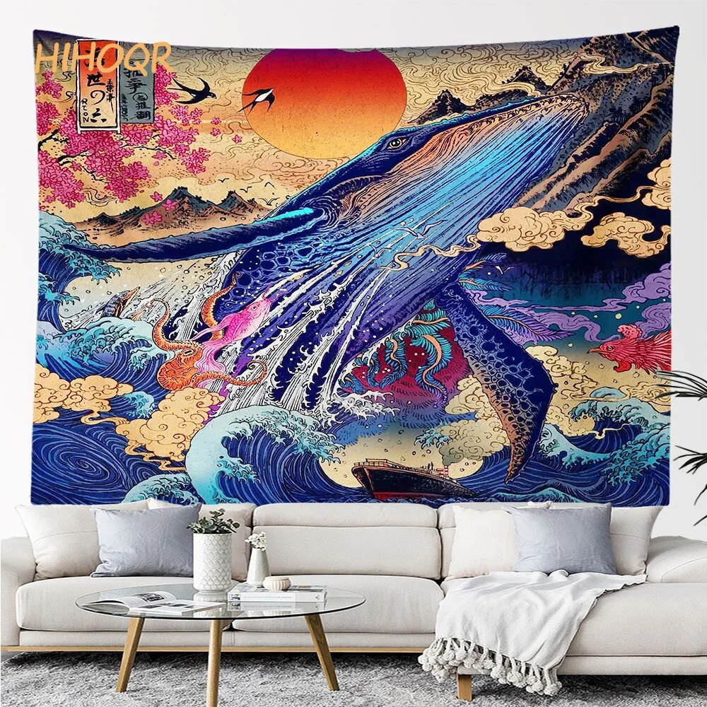 Japanese hippie tapestry hung as colorful wall decor