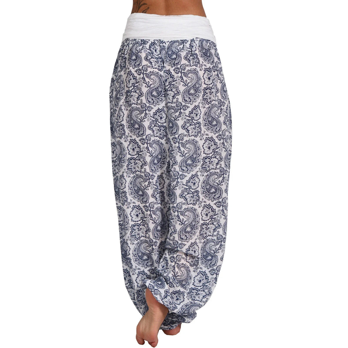 Model wearing the harem pants with loose flowing cut