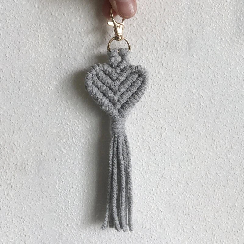 Heart-shaped cotton macrame charm for keys or handbag