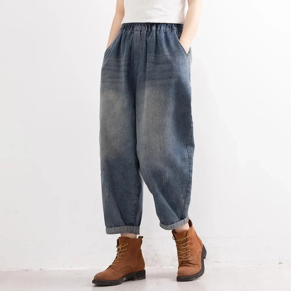 Naisten denim-haaremihousut väljällä ja mukavalla leikkauksella