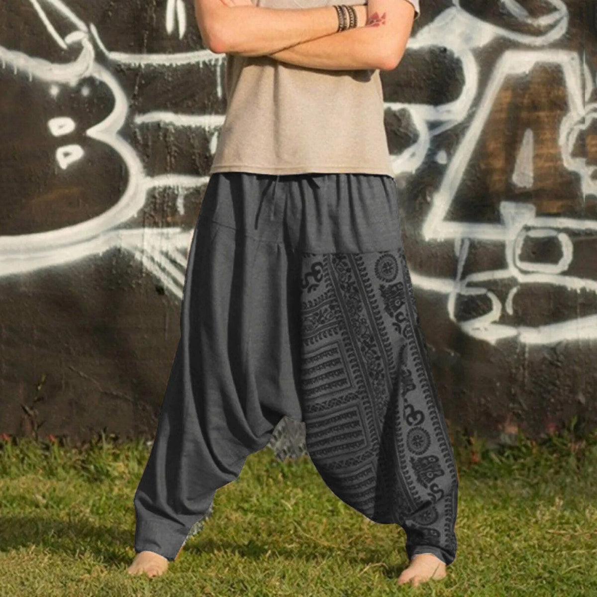 Gray harem pants with Om and mandala print panel