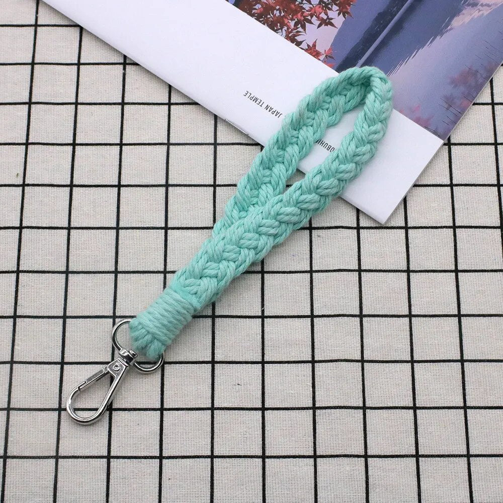 Detail of the knotted cords on the macrame keychain