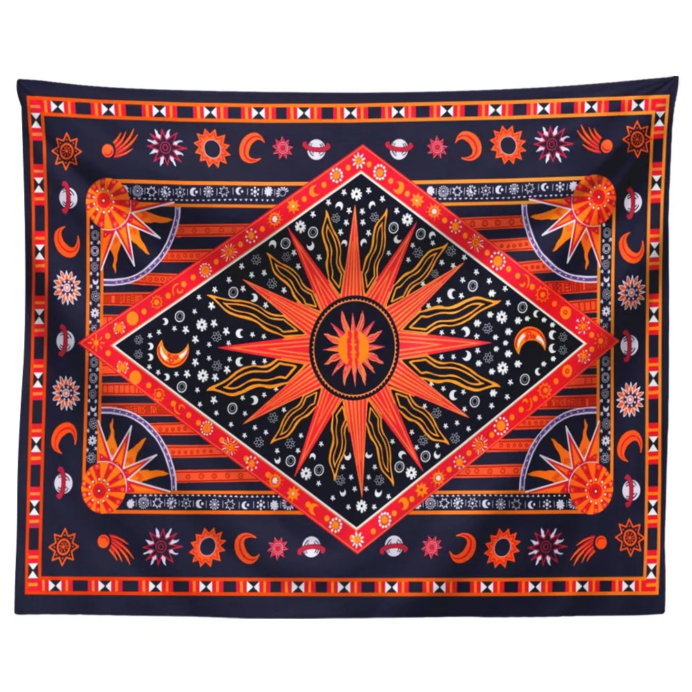 Boho wall tapestry hung as colorful home decor