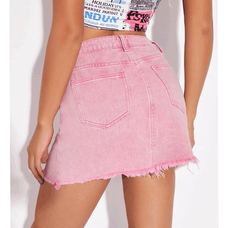 Jeans-Minirock mit Fransensaum, verwaschenes Pink