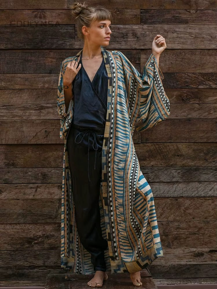 Long Aztec Print Boho Kimono