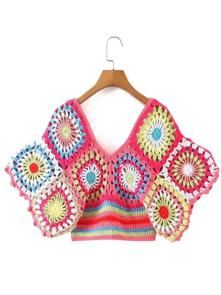 Crochet Crop Top – Multicolor Floral Boho
