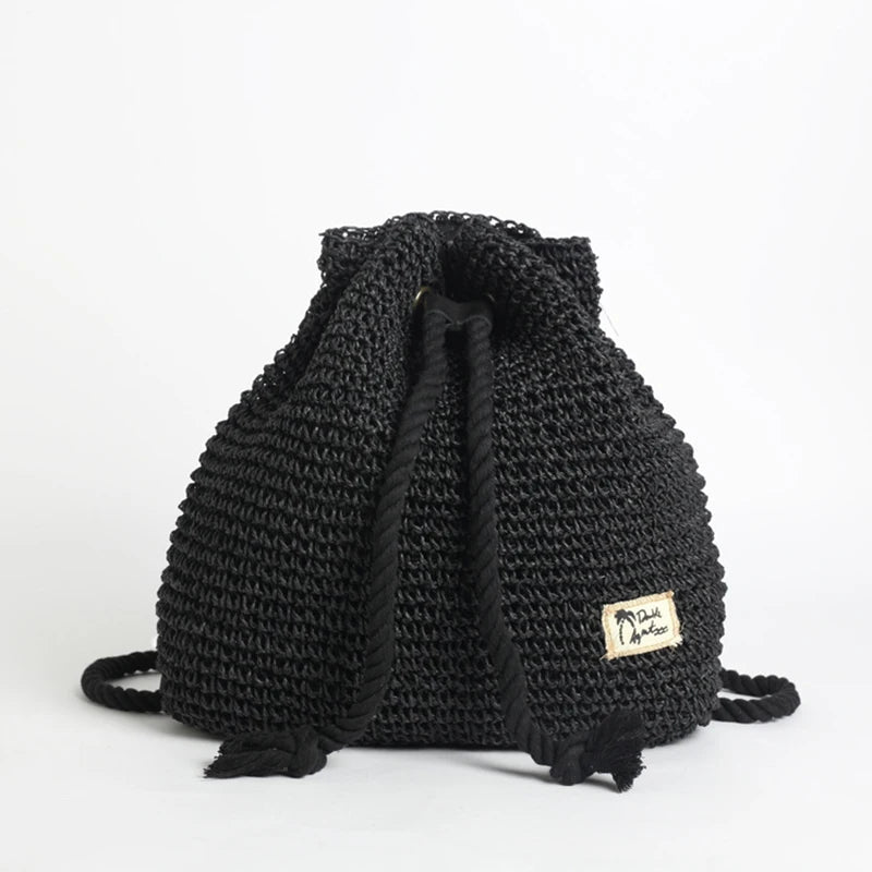 Woven Straw Hippie Backpack, Bucket Style