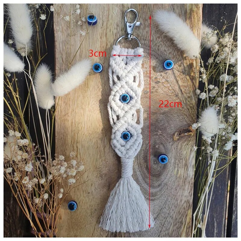 Macrame keychain with glossy glass bead at its center
