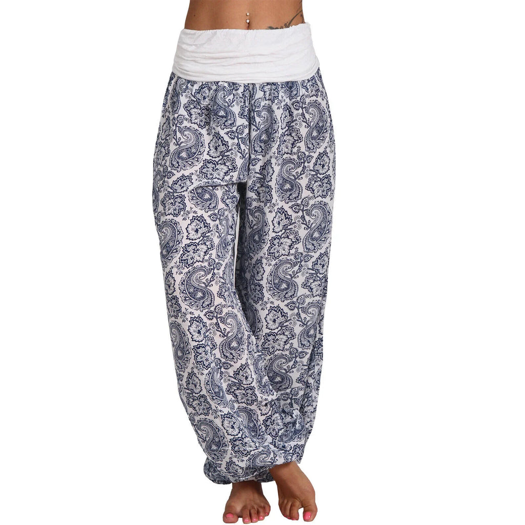Close-up of the gray harem pants loose drape