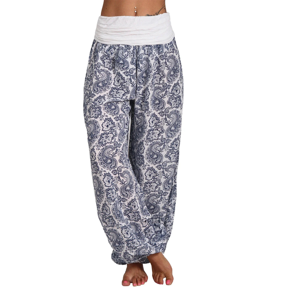 Close-up of the gray harem pants loose drape