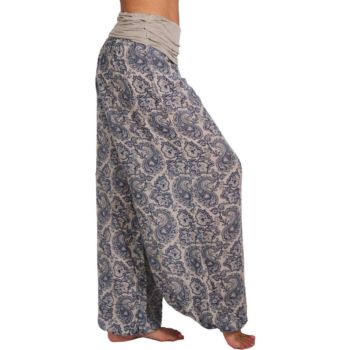 Models wearing the loose-cut harem pants side by side
