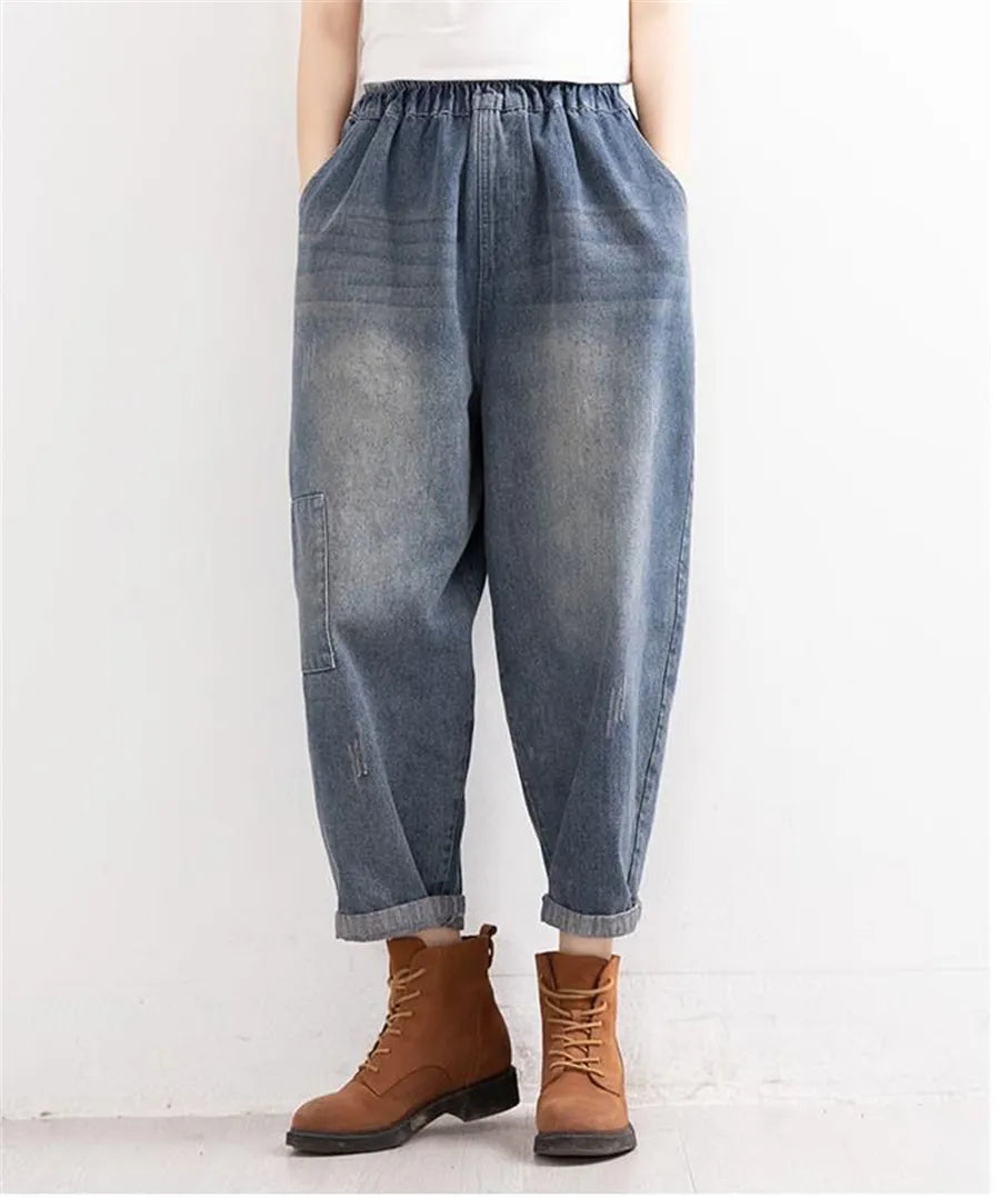 Naisten denim-haaremihousut