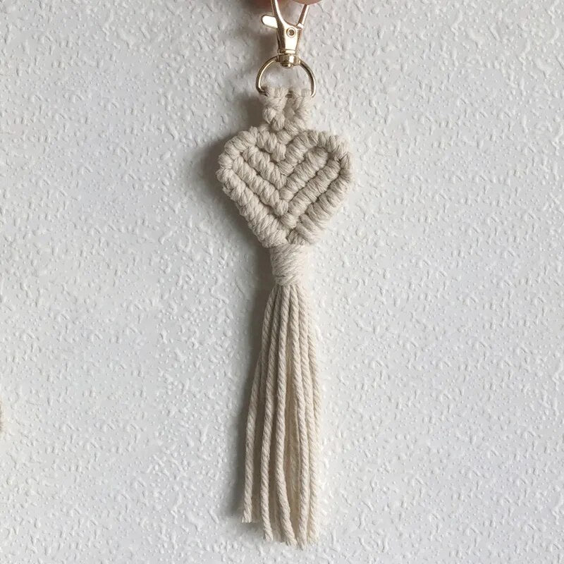 Boho macrame heart keychain in soft braided cotton cord