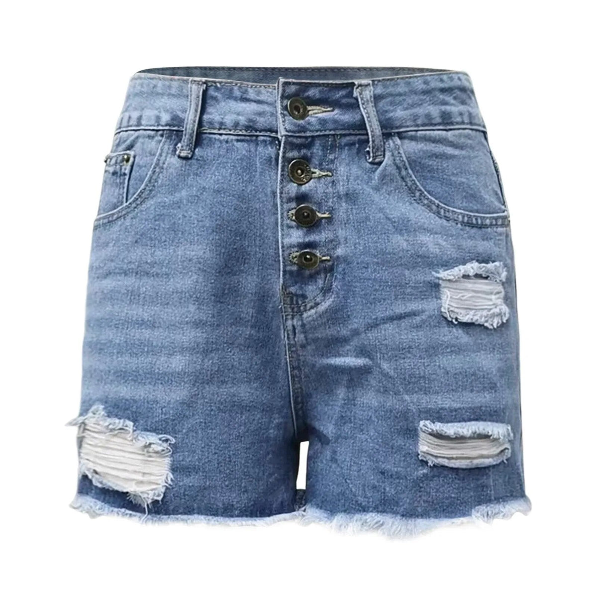 Destroyed-Denim Shorts mit hohem Bund, Vorderansicht vor neutralem Hintergrund