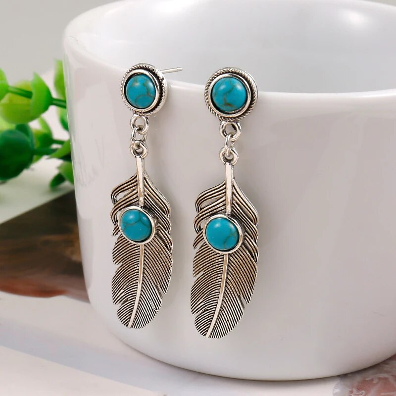 Turquoise and silver-tone metal hippie earrings