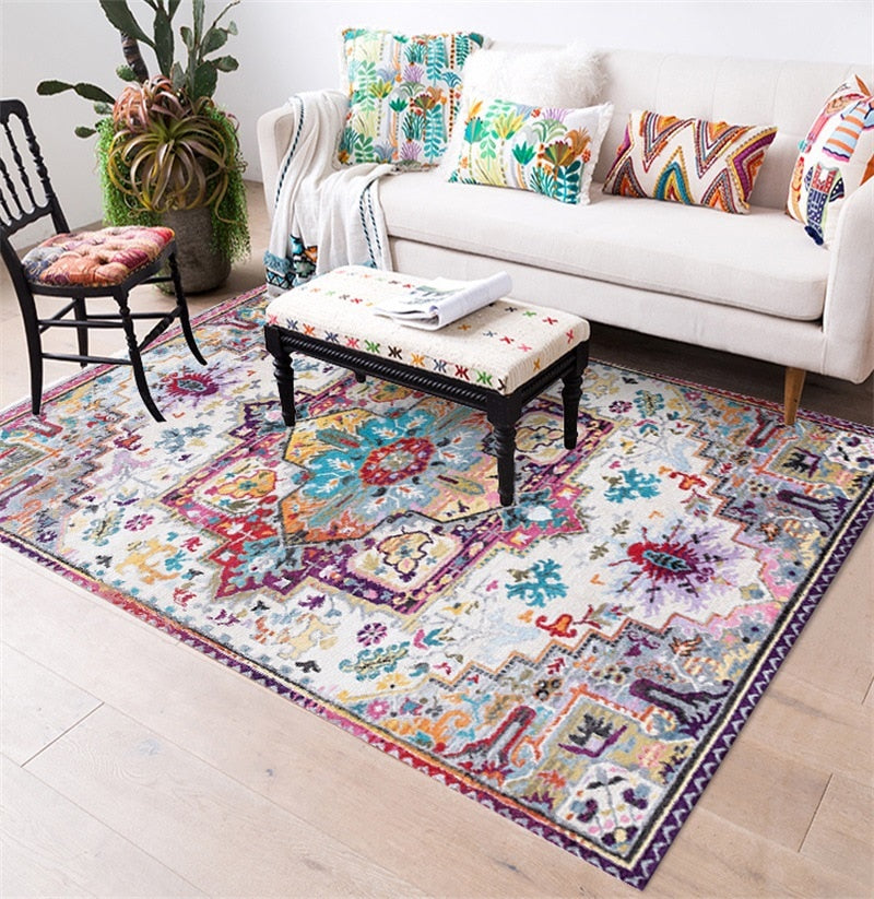 Boho rug with hippie chic patterning seen from above