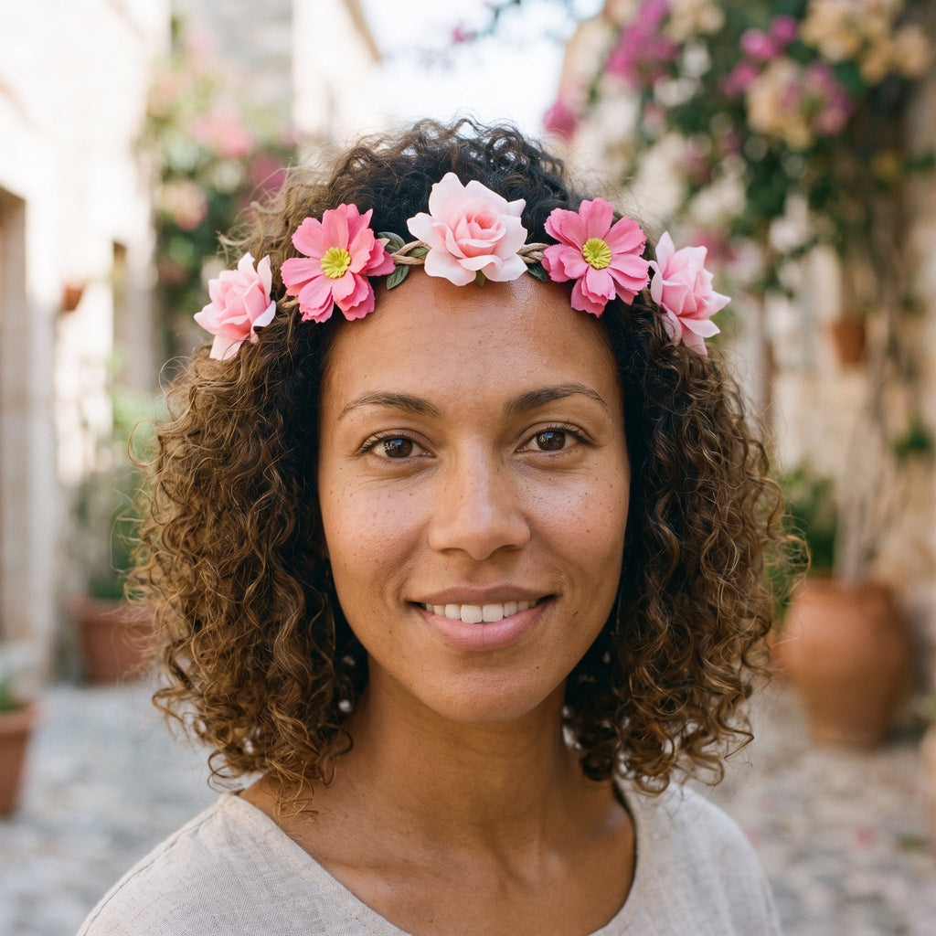 Smiling model wearing the pink fabric flower crown in a cobbled alley