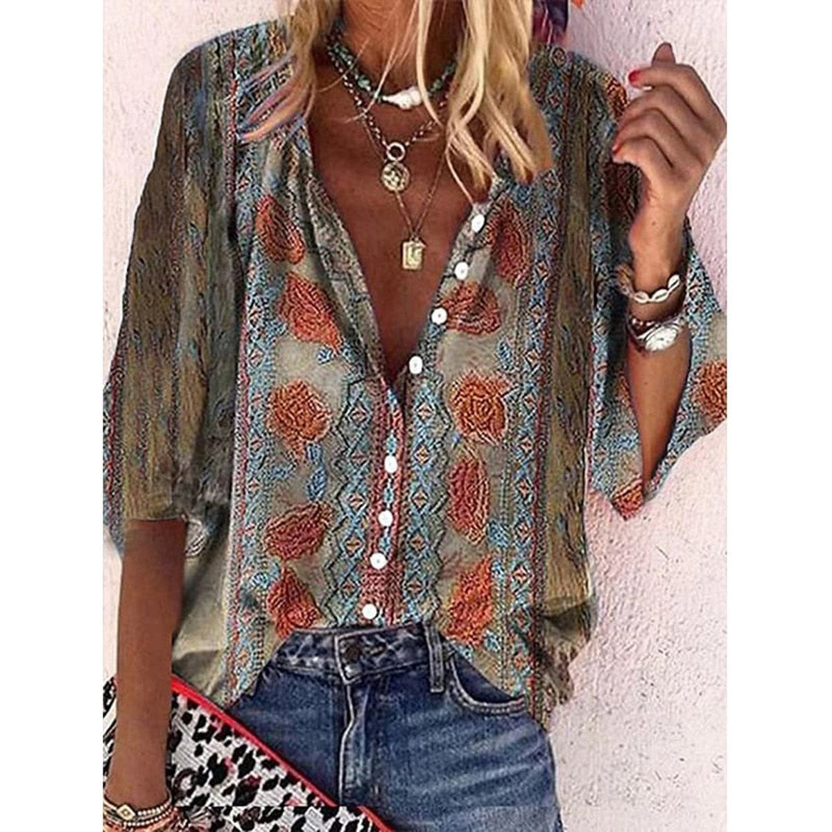 Beige terracotta floral shirt with buttoned V-neck