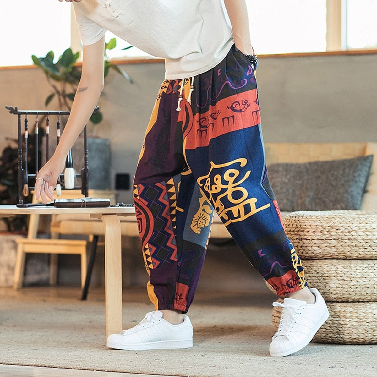 Blue colorway of the men's boho print hippie pants worn