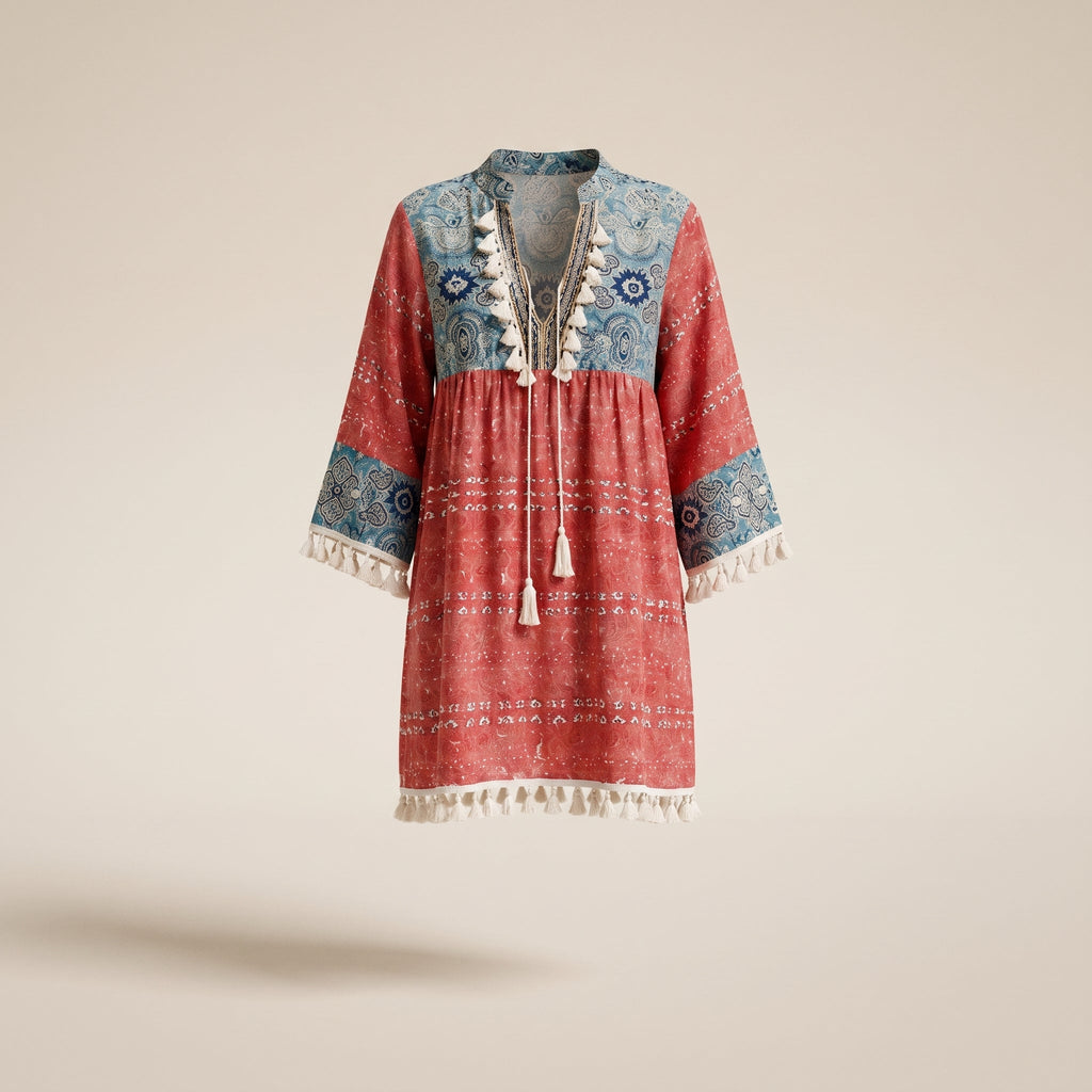 Pompom hippie dress on a ghost mannequin against an ecru studio background
